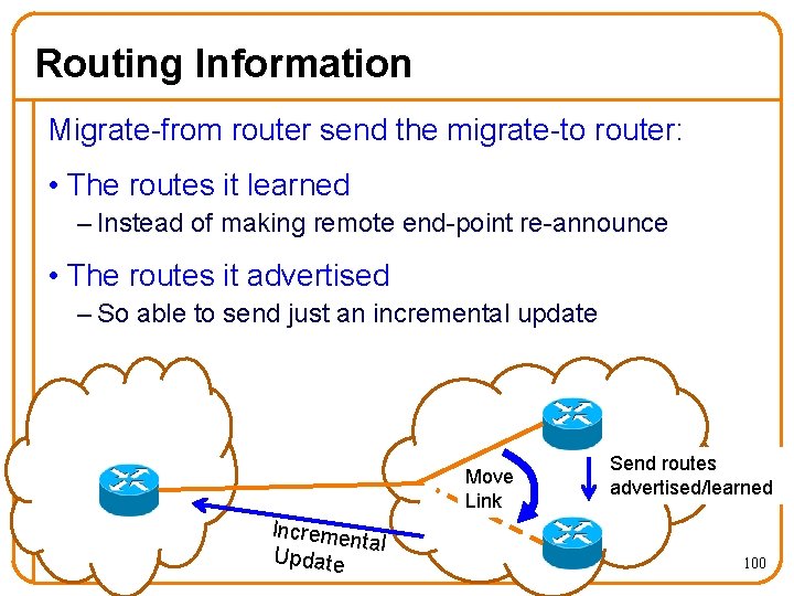 Routing Information Migrate-from router send the migrate-to router: • The routes it learned –