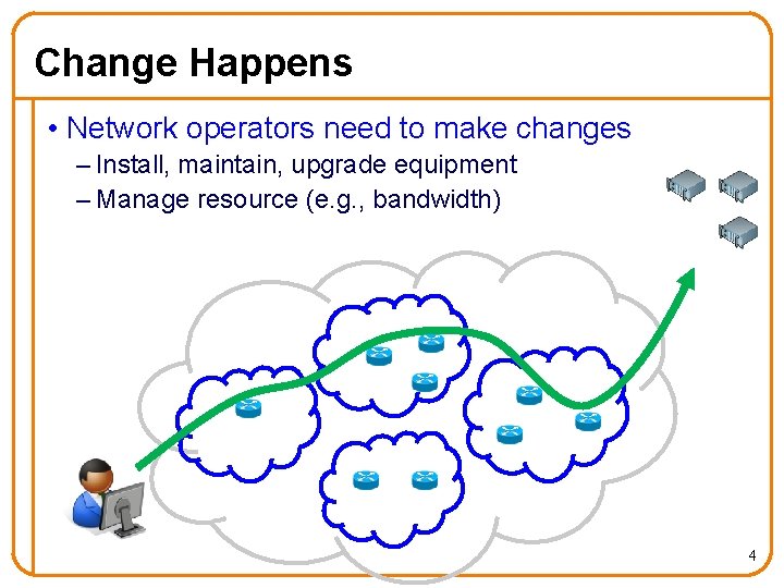 Change Happens • Network operators need to make changes – Install, maintain, upgrade equipment