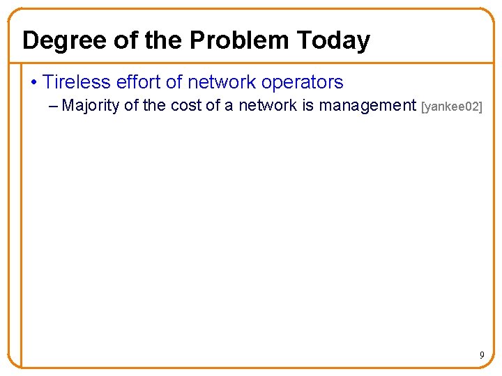 Degree of the Problem Today • Tireless effort of network operators – Majority of