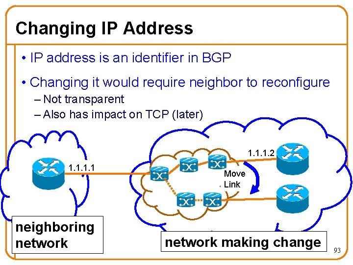 Changing IP Address • IP address is an identifier in BGP • Changing it
