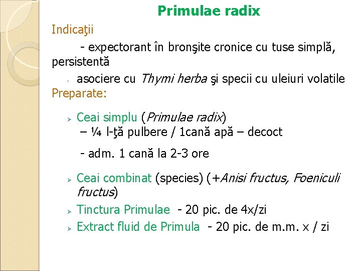 Primulae radix Indicaţii - expectorant în bronşite cronice cu tuse simplă, persistentă ◦ asociere