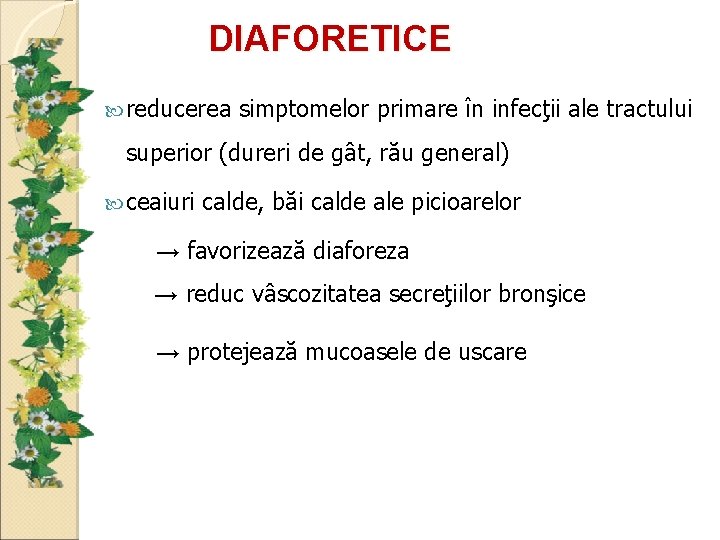 DIAFORETICE reducerea simptomelor primare în infecţii ale tractului superior (dureri de gât, rău general)
