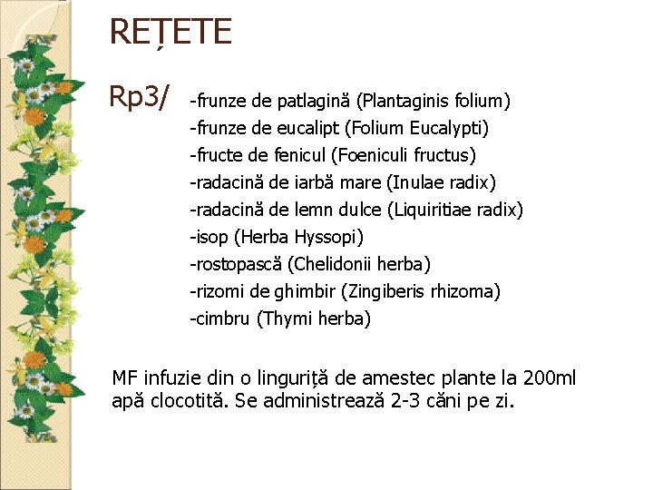 REȚETE Rp 3/ -frunze de patlagină (Plantaginis folium) -frunze de eucalipt (Folium Eucalypti) -fructe
