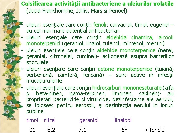 Calsificarea activităţii antibacteriene a uleiurilor volatile (dupa Franchomme, Jollis, Mars si Penoel) • uleiuri