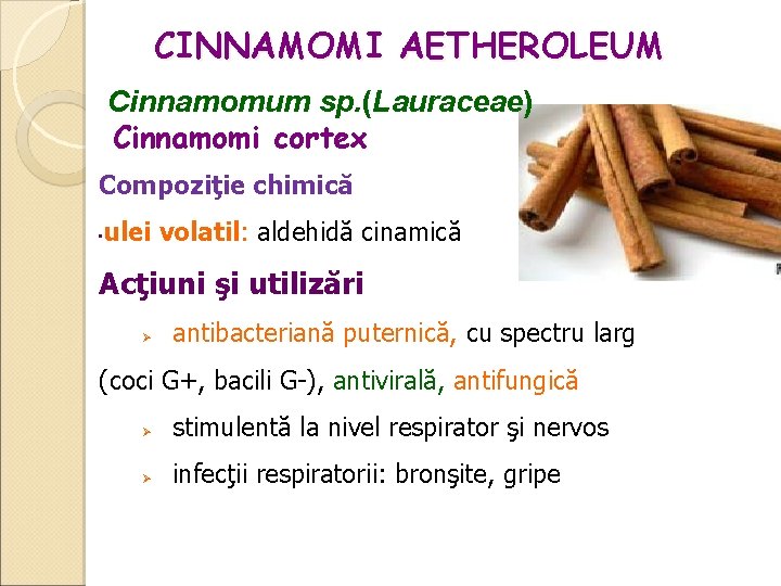 CINNAMOMI AETHEROLEUM Cinnamomum sp. (Lauraceae) Cinnamomi cortex Compoziţie chimică • ulei volatil: aldehidă cinamică