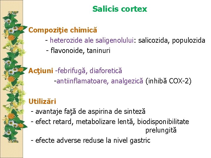 Salicis cortex Compoziţie chimică - heterozide ale saligenolului: salicozida, populozida - flavonoide, taninuri Acţiuni