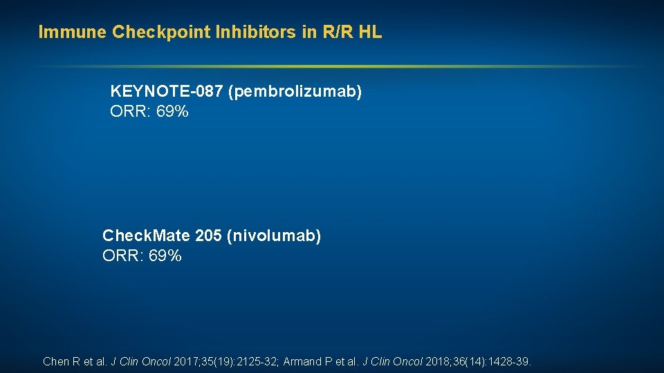 Immune Checkpoint Inhibitors in R/R HL KEYNOTE-087 (pembrolizumab) ORR: 69% Check. Mate 205 (nivolumab)