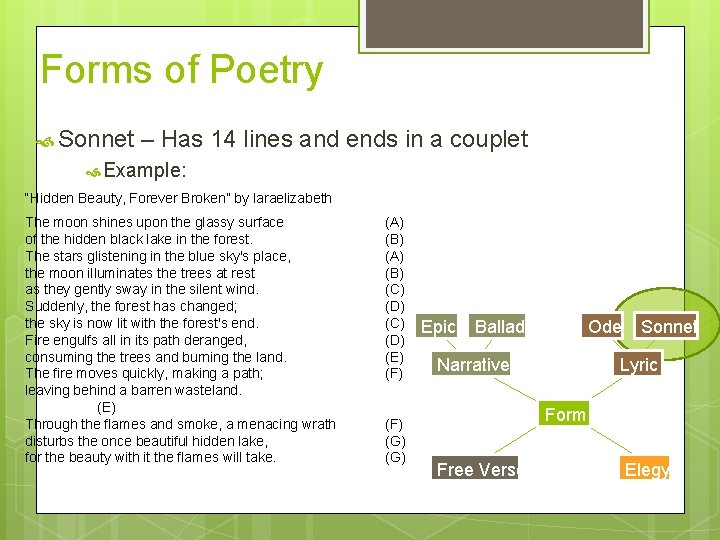 Forms of Poetry Sonnet – Has 14 lines and ends in a couplet Example: