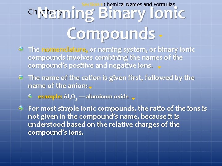 Section 1 Chemical Names and Formulas Naming Binary Ionic Compounds Chapter 7 The nomenclature,
