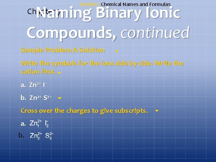 Section 1 Chemical Names and Formulas Naming Binary Ionic Compounds, continued Chapter 7 Sample