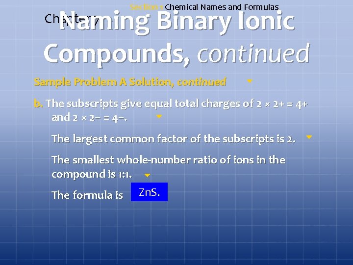 Section 1 Chemical Names and Formulas Naming Binary Ionic Compounds, continued Chapter 7 Sample