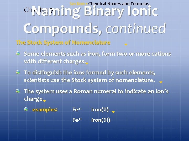 Section 1 Chemical Names and Formulas Naming Binary Ionic Compounds, continued Chapter 7 The Section 1 Chemical Names and Formulas Naming Binary Ionic Compounds, continued Chapter 7 The