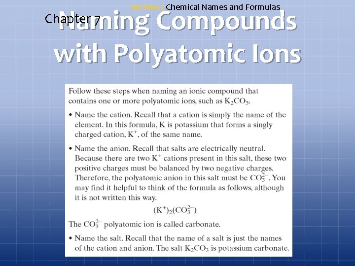 Section 1 Chemical Names and Formulas Naming Compounds with Polyatomic Ions Chapter 7 