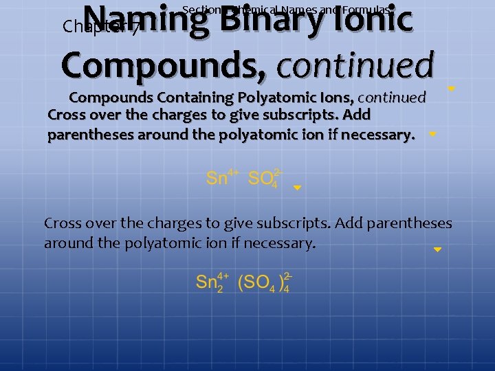 Naming Binary Ionic Compounds, continued Chapter 7 Section 1 Chemical Names and Formulas Compounds