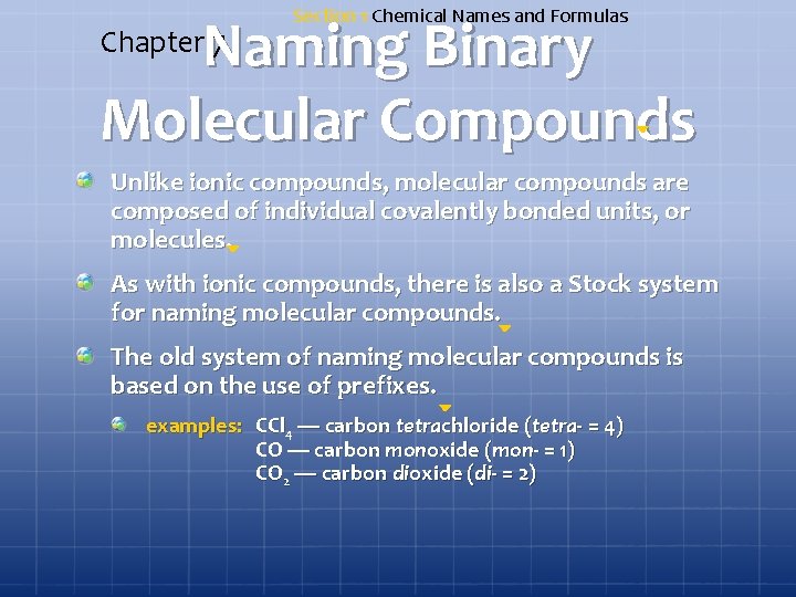 Section 1 Chemical Names and Formulas Naming Binary Molecular Compounds Chapter 7 Unlike ionic