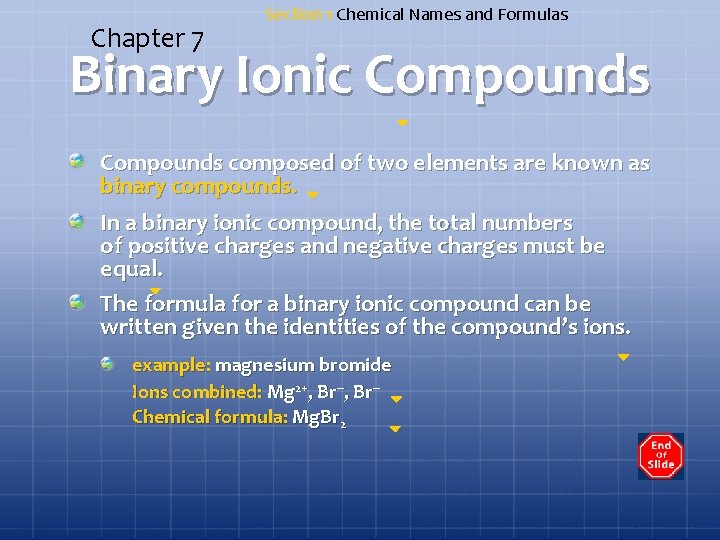 Chapter 7 Section 1 Chemical Names and Formulas Binary Ionic Compounds composed of two