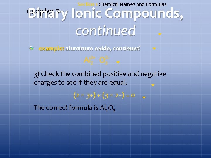 Section 1 Chemical Names and Formulas Binary Ionic Compounds, continued Chapter 7 example: aluminum