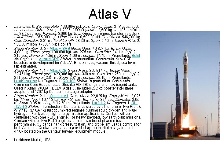Atlas V • • • Launches: 6. Success Rate: 100. 00% pct. First Launch