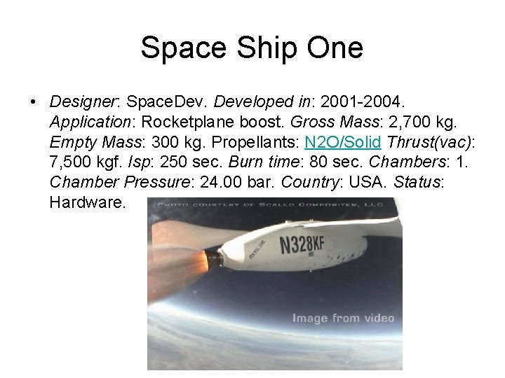 Space Ship One • Designer: Space. Developed in: 2001 -2004. Application: Rocketplane boost. Gross