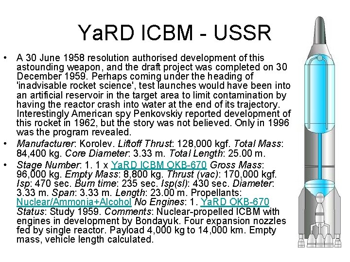 Ya. RD ICBM - USSR • A 30 June 1958 resolution authorised development of