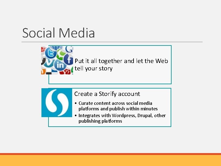 Social Media Put it all together and let the Web tell your story Create