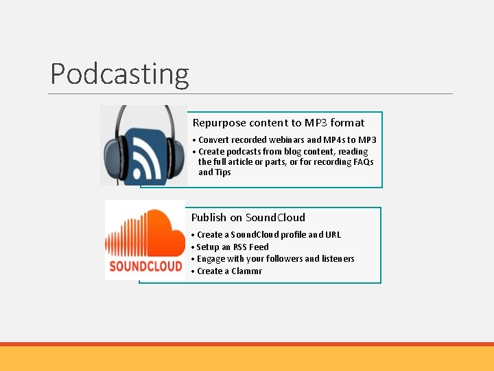 Podcasting Repurpose content to MP 3 format • Convert recorded webinars and MP 4