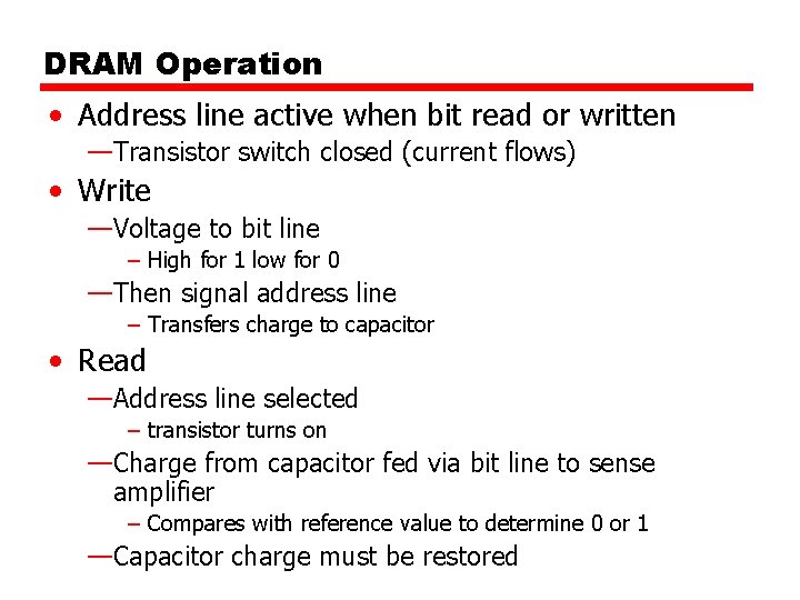 DRAM Operation • Address line active when bit read or written —Transistor switch closed