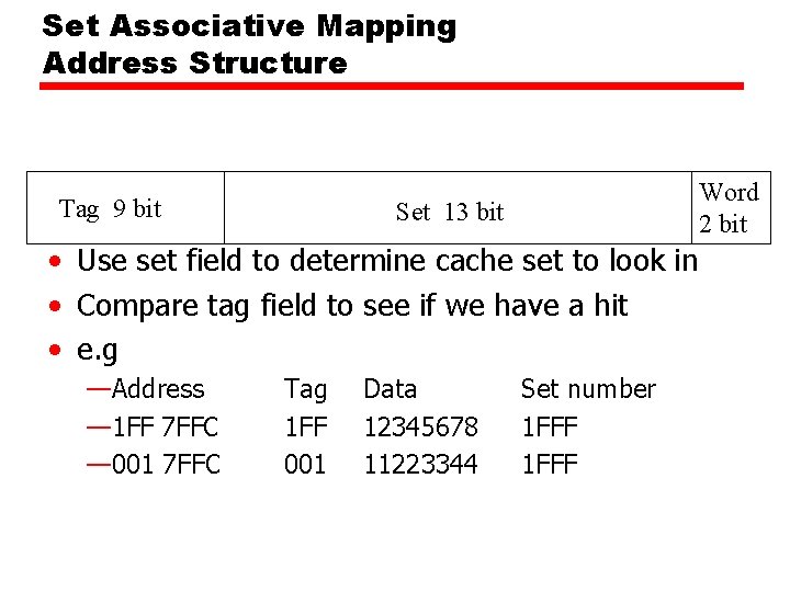 Set Associative Mapping Address Structure Tag 9 bit Word 2 bit Set 13 bit