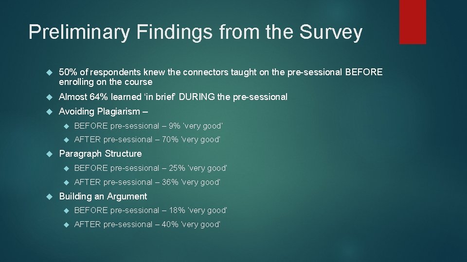 Preliminary Findings from the Survey 50% of respondents knew the connectors taught on the