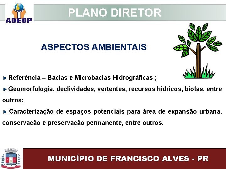  PLANO DIRETOR ASPECTOS AMBIENTAIS Referência – Bacias e Microbacias Hidrográficas ; Geomorfologia, declividades,