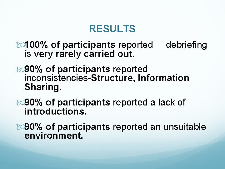 RESULTS 100% of participants reported debriefing is very rarely carried out. 90% of participants RESULTS 100% of participants reported debriefing is very rarely carried out. 90% of participants