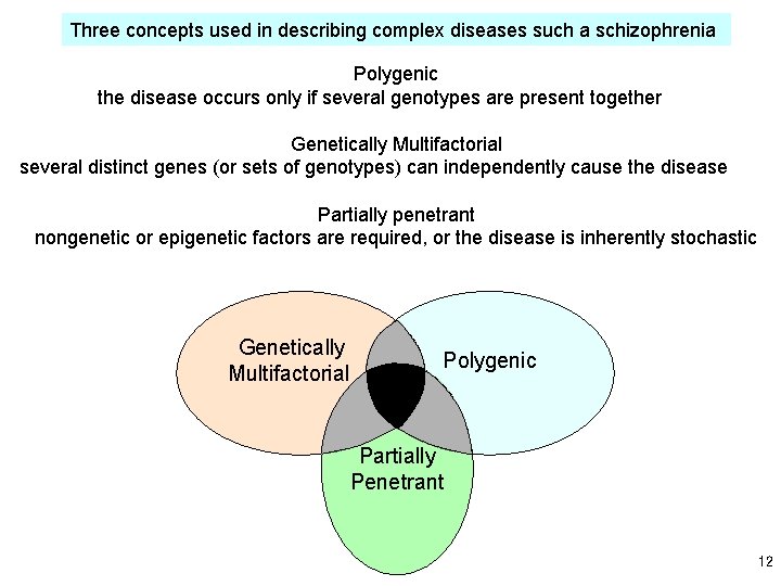 Three concepts used in describing complex diseases such a schizophrenia Polygenic the disease occurs