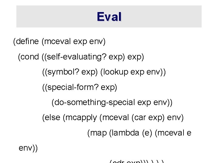 Eval (define (mceval exp env) (cond ((self-evaluating? exp) ((symbol? exp) (lookup exp env)) ((special-form?