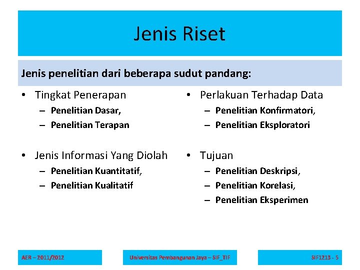 Jenis Riset Jenis penelitian dari beberapa sudut pandang: • Tingkat Penerapan • Perlakuan Terhadap