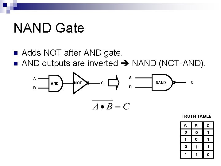 NAND Gate n n Adds NOT after AND gate. AND outputs are inverted NAND