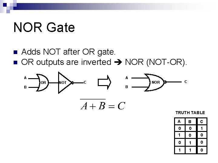 NOR Gate n n Adds NOT after OR gate. OR outputs are inverted NOR