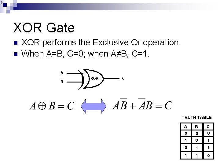 XOR Gate n n XOR performs the Exclusive Or operation. When A=B, C=0; when
