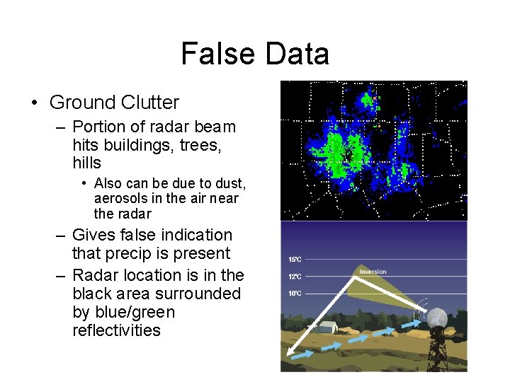 False Data • Ground Clutter – Portion of radar beam hits buildings, trees, hills