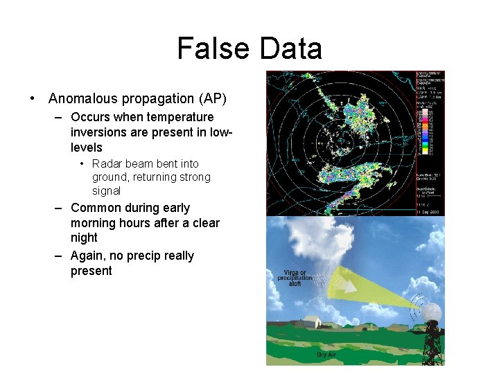 False Data • Anomalous propagation (AP) – Occurs when temperature inversions are present in