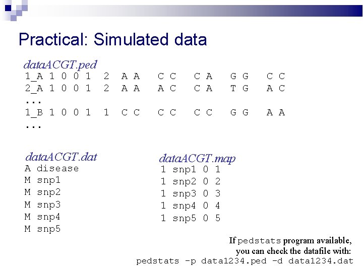 Practical: Simulated data. ACGT. ped 1_A 1 0 0 1 2_A 1 0 0