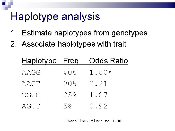 Haplotype analysis 1. Estimate haplotypes from genotypes 2. Associate haplotypes with trait Haplotype AAGG