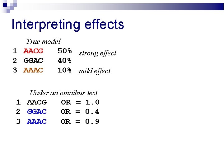 Interpreting effects True model 1 AACG 2 GGAC 3 AAAC 50% strong effect 40%