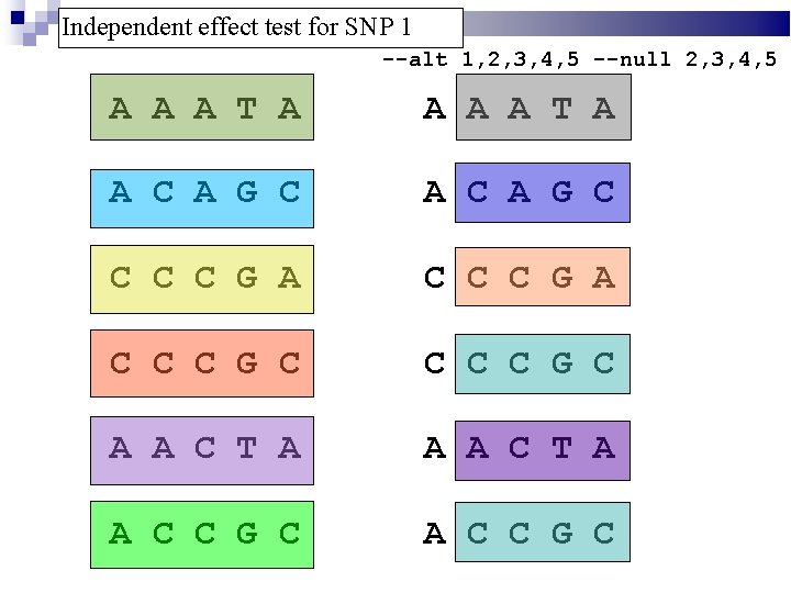 Independent effect test for SNP 1 --alt 1, 2, 3, 4, 5 --null 2,