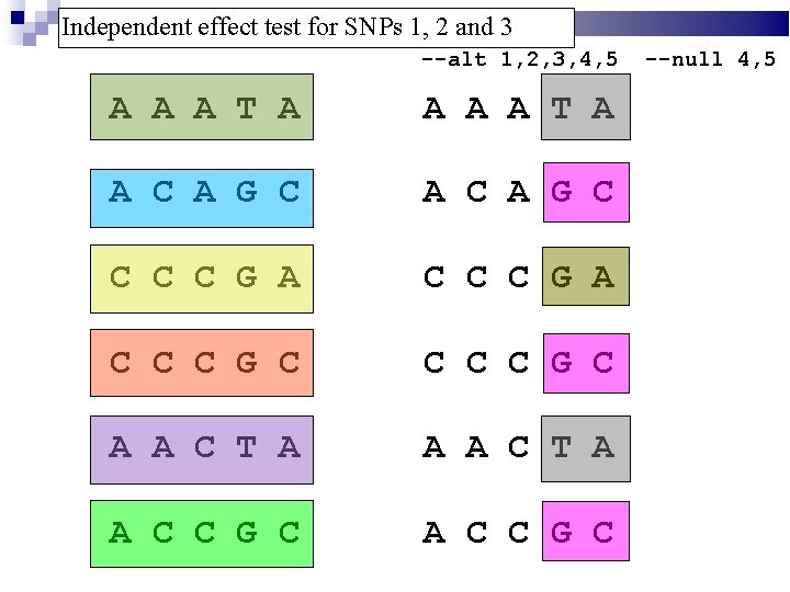 Independent effect test for SNPs 1, 2 and 3 --alt 1, 2, 3, 4,