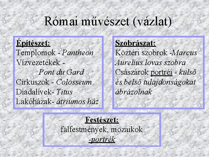 Római művészet (vázlat) Építészet: Templomok - Pantheon Vízvezetékek Pont du Gard Cirkuszok - Colosseum