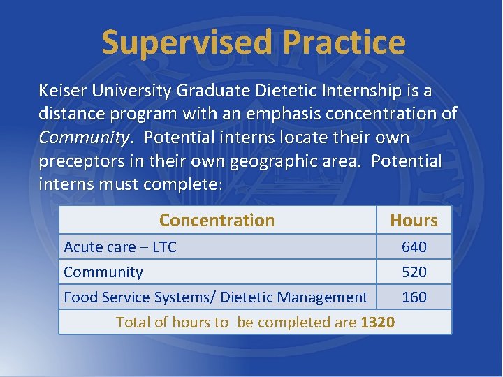 Supervised Practice Keiser University Graduate Dietetic Internship is a distance program with an emphasis