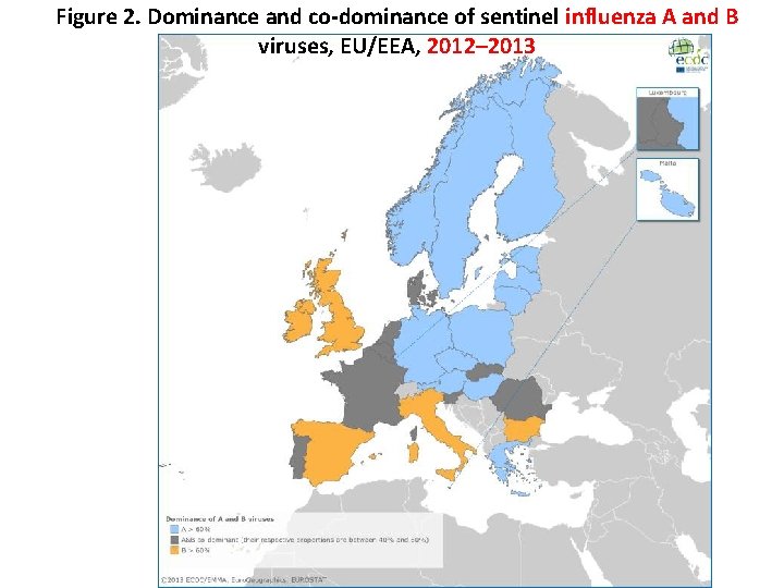 Figure 2. Dominance and co-dominance of sentinel influenza A and B viruses, EU/EEA, 2012–