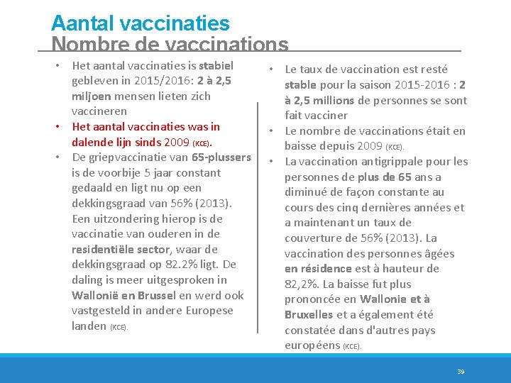 Aantal vaccinaties Nombre de vaccinations • Het aantal vaccinaties is stabiel gebleven in 2015/2016: