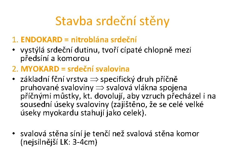 Stavba srdeční stěny 1. ENDOKARD = nitroblána srdeční • vystýlá srdeční dutinu, tvoří cípaté