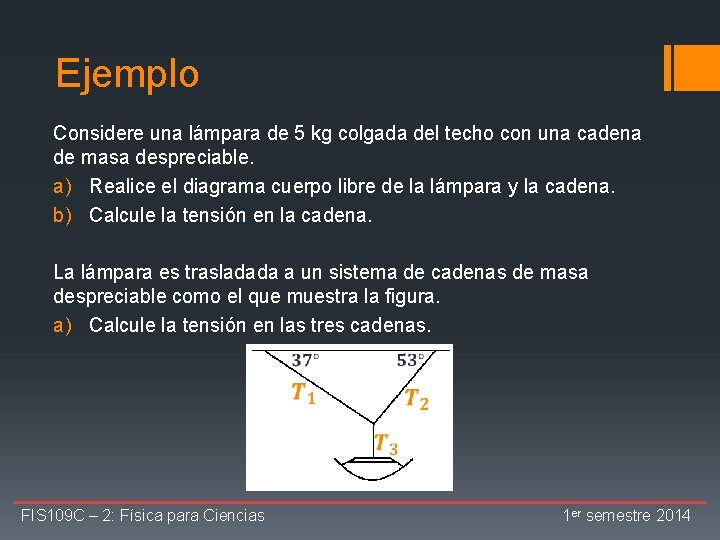 Ejemplo Considere una lámpara de 5 kg colgada del techo con una cadena de